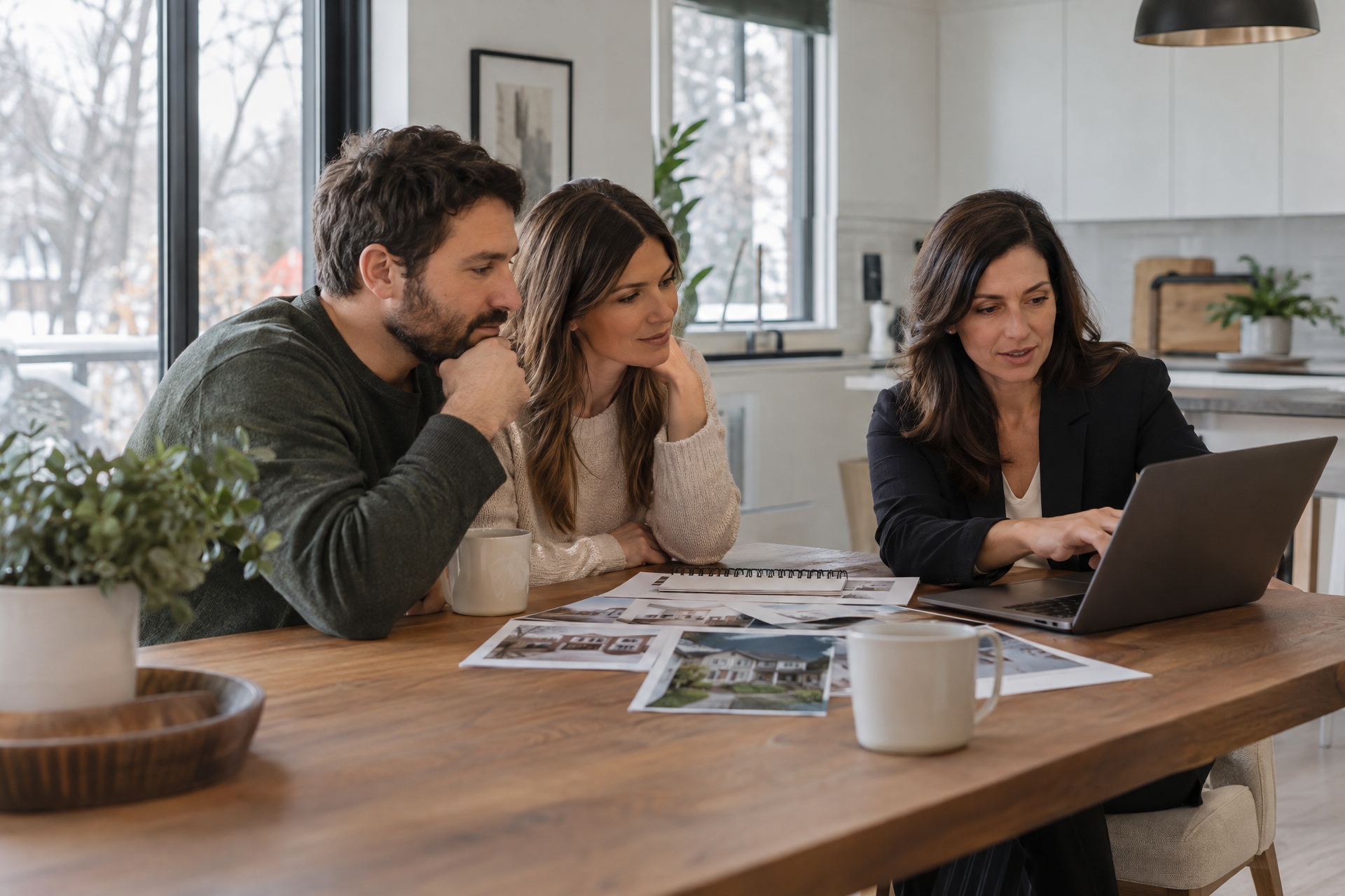 Courtière immobilière présentant des propriétés sur un ordinateur portable à un couple autour d’une table de cuisine