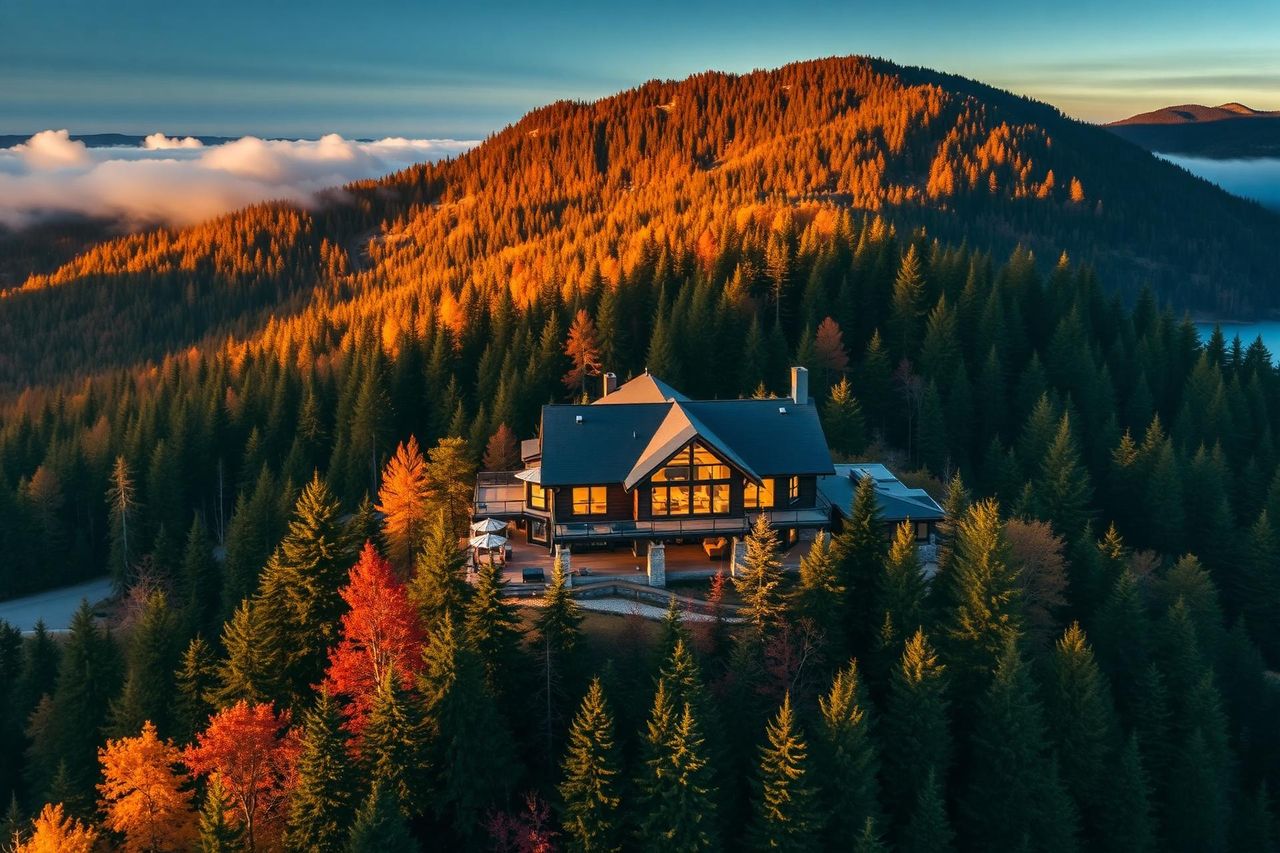 Luxury chalet in the Laurentians mountains at sunset in autumn