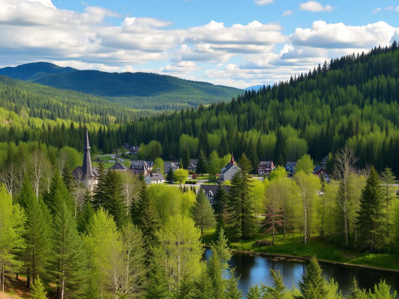 View of Morin-Heights surrounded by mountains and forests in the Laurentians