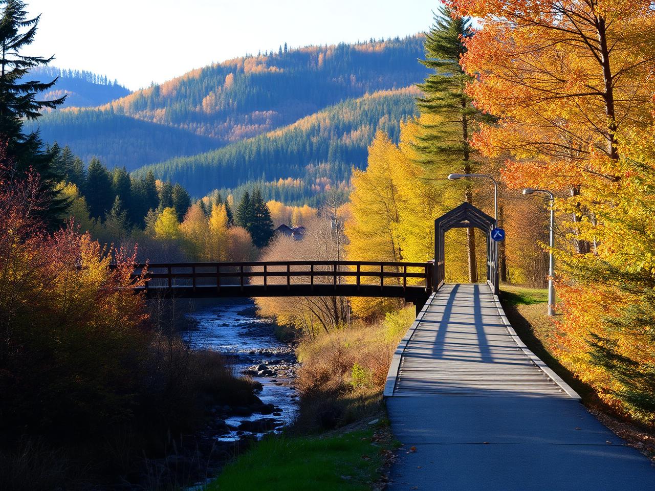 Trail and footbridge surrounded by fall scenery in Prévost in the Laurentians