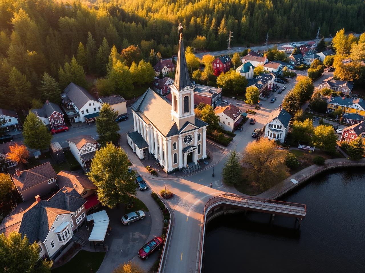 Aerial view of downtown Saint-Jérôme and its cathedral in the Laurentians